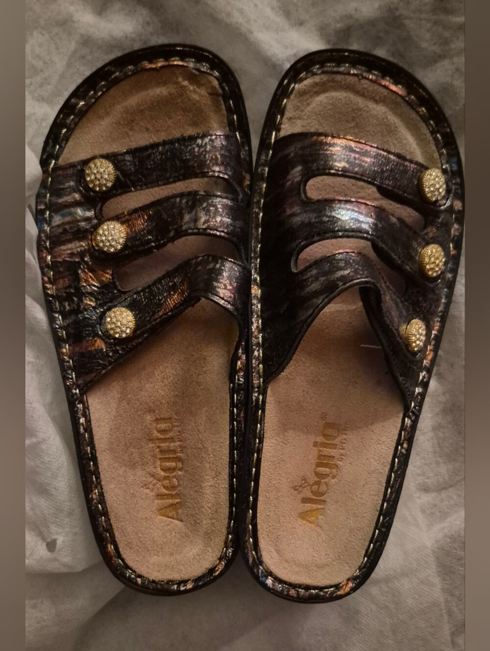 Alegria Women's Iridescent Brown Metallic Slip On's with 1in Heel Gold Buttons